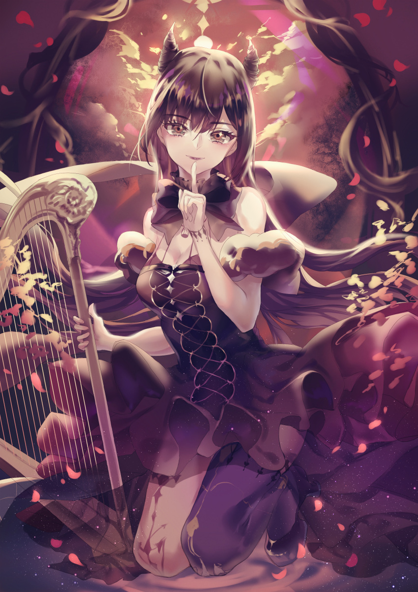 1girl absurdres arch asymmetrical_legwear black_dress black_footwear black_hair black_legwear breasts brown_background brown_eyes brown_sky caing_zhihuang cleavage clouds dress error finger_to_mouth harp highres horns index_finger_raised instrument kneeling long_hair outdoors petals solo sun