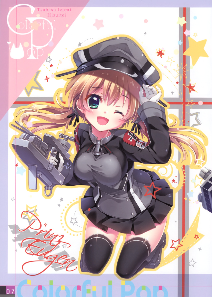 1girl absurdres bangs black_footwear black_legwear blush breasts character_name eyebrows_visible_through_hair full_body gloves hat highres holding izumi_tsubasu kantai_collection long_hair long_sleeves looking_at_viewer low_twintails medium_breasts military military_uniform one_eye_closed open_mouth page_number peaked_cap pleated_skirt prinz_eugen_(kantai_collection) scan shiny shiny_clothes shiny_hair shiny_skin shoes simple_background skirt smile solo star starry_background thigh-highs twintails uniform white_gloves