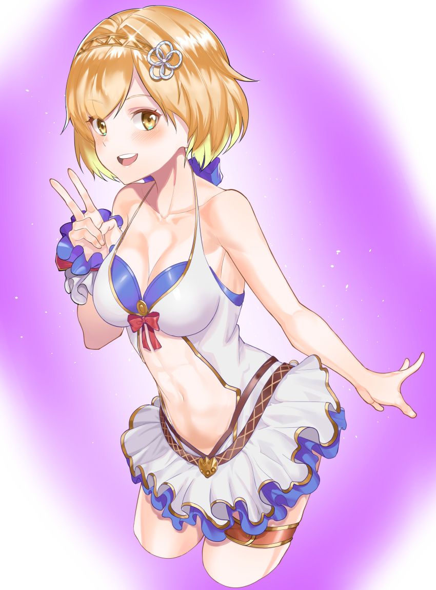 1girl absurdres bare_shoulders blonde_hair bow breasts collarbone djeeta_(granblue_fantasy) frilled_swimsuit frills granblue_fantasy hair_ornament hairband halterneck highres looking_at_viewer medium_breasts ohihil open_mouth short_hair swimsuit thigh_strap v