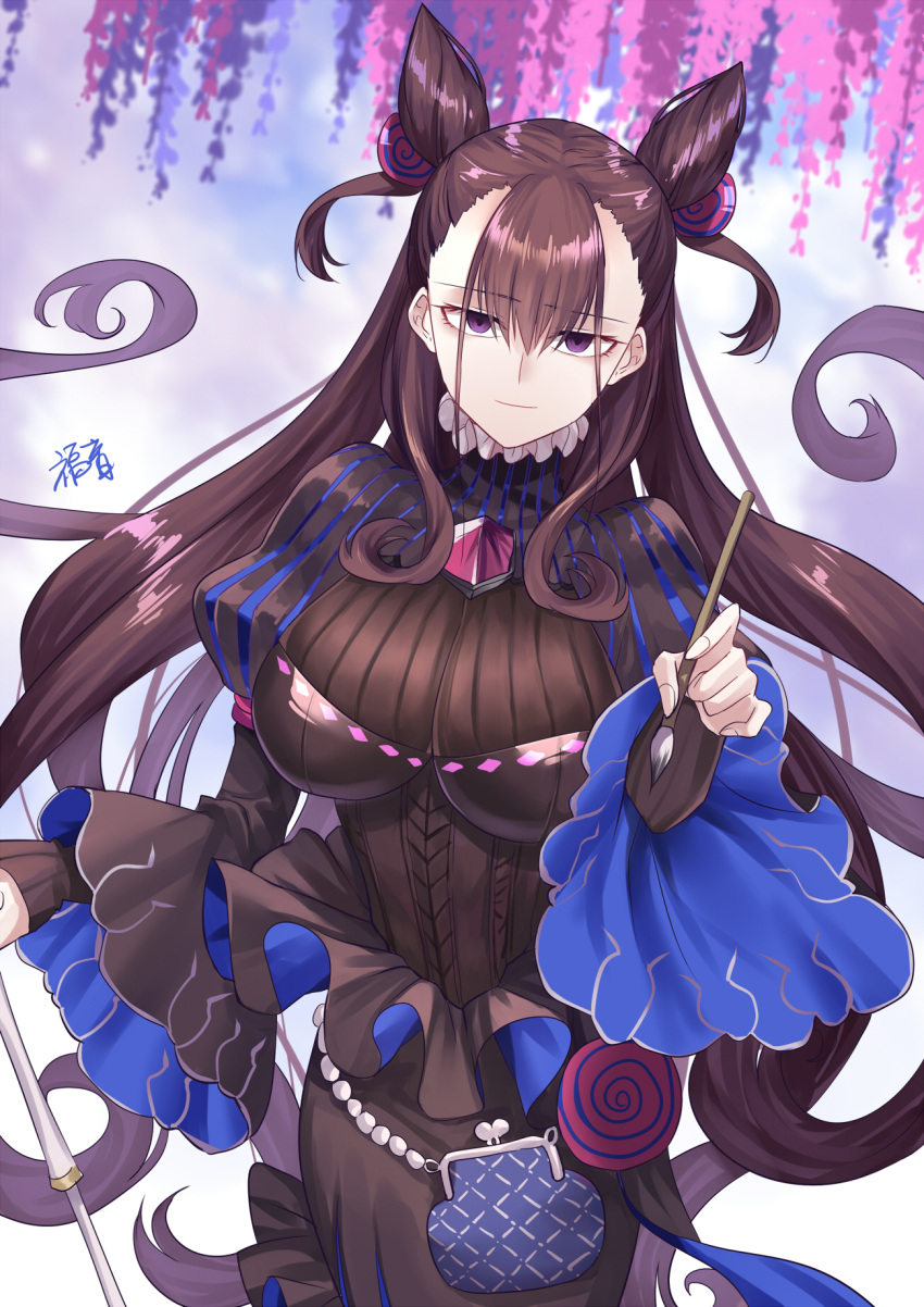 1girl bag bangs beads blurry breasts brown_dress brown_hair closed_mouth curly_hair depth_of_field double_bun dress empty_eyes eyebrows_visible_through_hair fate/grand_order fate_(series) fingernails flower from_above gem gogatsu_fukuin hair_between_eyes handbag highres holding holding_paintbrush juliet_sleeves large_breasts light_smile long_hair long_sleeves looking_at_viewer murasaki_shikibu_(fate) paintbrush pink_flower puffy_sleeves purple_flower shiny shiny_hair signature sleeves_past_wrists solo standing striped turtleneck underbust violet_eyes wide_sleeves