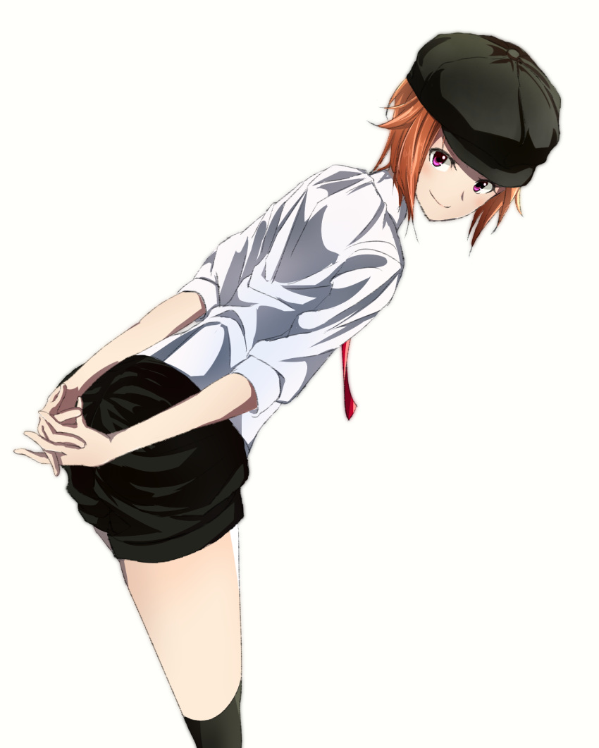 1girl arms_behind_back black_hat black_legwear black_shorts brown_hair daisu hands_together hat highres ibuki_tsubasa idolmaster idolmaster_million_live! leaning_forward looking_at_viewer necktie red_eyes red_neckwear shirt short_hair short_shorts shorts simple_background smile solo white_background white_shirt