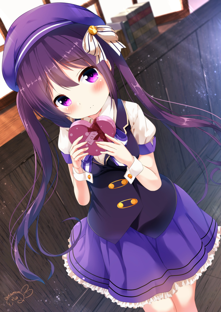 1girl absurdres bangs beret black_vest blush book bow box chinomaron closed_mouth commentary_request eyebrows_visible_through_hair frilled_skirt frills gift gift_box gochuumon_wa_usagi_desu_ka? hair_between_eyes hair_bow has_bad_revision has_downscaled_revision hat head_tilt heart-shaped_box highres holding holding_gift indoors long_hair puffy_short_sleeves puffy_sleeves purple_hair purple_hat purple_skirt shirt short_sleeves signature skirt solo standing striped striped_bow tedeza_rize twintails twitter_username valentine very_long_hair vest violet_eyes white_bow white_shirt window wooden_floor wrist_cuffs