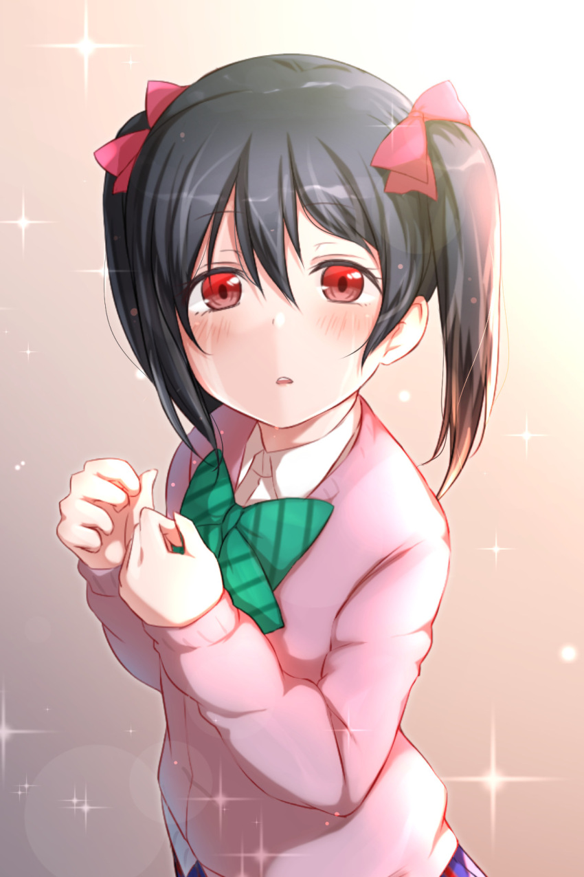 1girl bangs black_hair blush bow bowtie brown_background cardigan collared_shirt commentary_request crying dress_shirt from_above green_bow green_neckwear hair_between_eyes hair_bow half-closed_eyes hands_up highres hitotsuki_no_yagi long_sleeves looking_at_viewer looking_to_the_side love_live! love_live!_school_idol_project medium_hair otonokizaka_school_uniform parted_lips pink_cardigan purple_skirt rain red_bow red_eyes school_uniform shiny shiny_hair shirt skirt solo sparkle standing striped striped_bow striped_neckwear sunlight tareme tears twintails upper_body white_shirt yazawa_nico