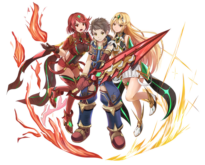 1boy 2girls armor bangs bare_shoulders blonde_hair breasts brown_eyes brown_hair closed_mouth commentary dress earrings elbow_gloves fingerless_gloves fire gloves hair_ornament headpiece highres mythra_(xenoblade) pyra_(xenoblade) jewelry kanzaki_kureha large_breasts long_hair looking_at_viewer multiple_girls nintendo open_mouth pose red_eyes red_shorts redhead rex_(xenoblade_2) short_hair short_shorts shorts simple_background smile swept_bangs tiara very_long_hair white_background white_dress xenoblade_(series) xenoblade_2 yellow_eyes