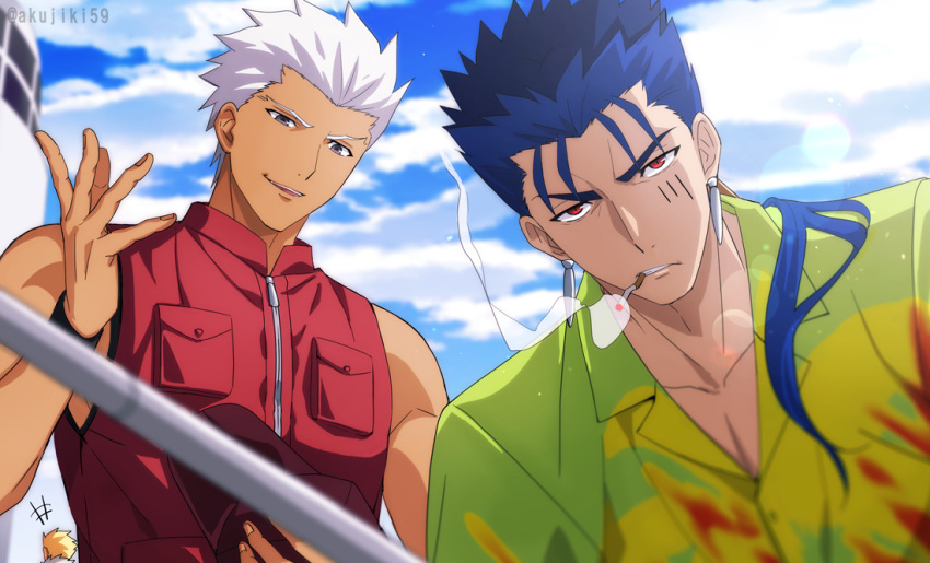+++ 3boys akujiki59 archer_(fate) bangs blonde_hair blue_hair blurry character_request cigarette clouds collared_shirt commentary_request cu_chulainn_(fate) cu_chulainn_(fate/stay_night) day earrings fate_(series) frown green_shirt half-closed_eyes hat holding holding_clothes holding_hat jewelry male_focus mouth_hold multiple_boys outdoors parted_lips red_eyes red_vest shirt short_hair sky smile spiky_hair vest white_hair wristband zipper_pull_tab