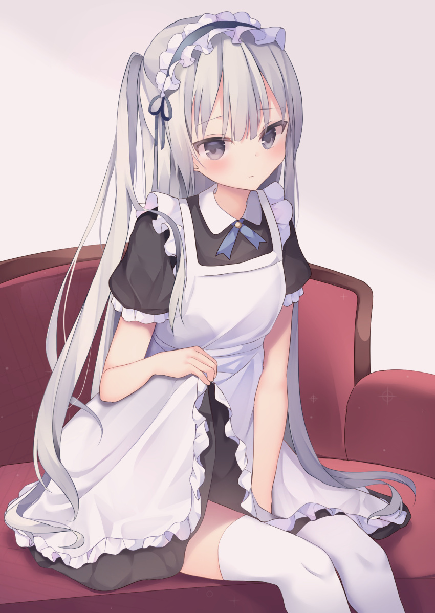 1girl apron black_dress black_hairband blush closed_mouth collared_dress commentary_request couch dress dress_lift expressionless frilled_apron frilled_hairband frills grey_eyes hairband highres lifted_by_self long_hair looking_at_viewer maid maid_apron on_couch original short_sleeves silver_hair sitting solo thigh-highs tsuruse very_long_hair white_apron white_legwear