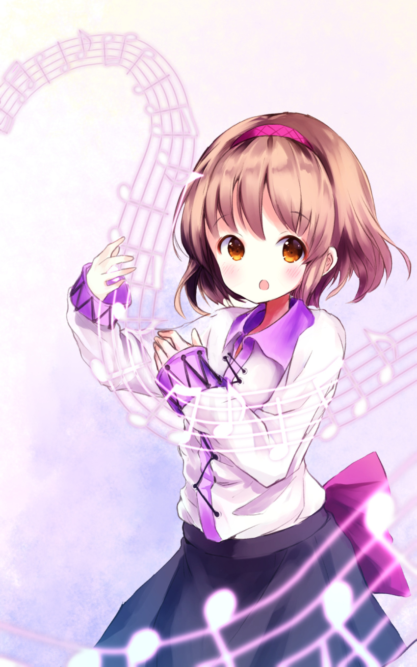 1girl :o beamed_eighth_notes black_skirt blue_background blurry blush bow brown_hair cowboy_shot depth_of_field eighth_note eyebrows_visible_through_hair gradient gradient_background hairband highres holding long_sleeves looking_at_viewer musical_note nekomarieru orange_eyes purple_bow quarter_note shirt short_hair skirt sleeves_past_wrists solo staff_(music) standing touhou tsukumo_yatsuhashi white_background white_shirt