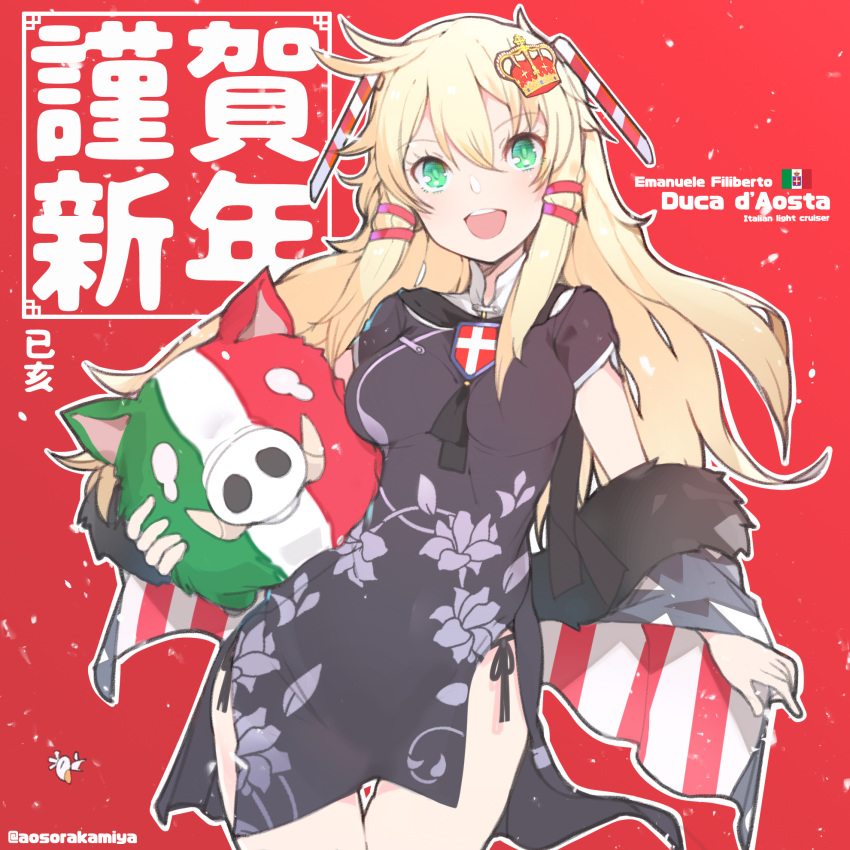 1girl animal aosora_kamiya blonde_hair character_name china_dress chinese_clothes cowboy_shot dress emanuele_filiberto_duca_d'aosta_(warship_girls_r) green_eyes hair_ornament highres holding holding_animal italian_flag long_hair open_mouth pig red_background short_sleeves side_slit solo warship_girls_r