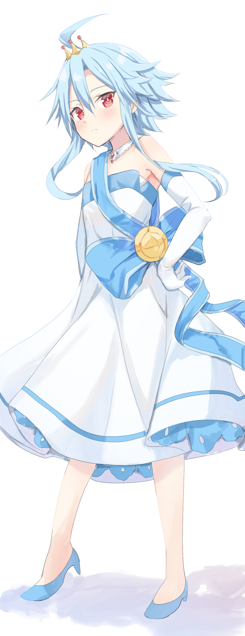 1girl absurdres ahoge aisu_(icicleshot) bare_shoulders blanc_(neptune_series) blue_footwear blue_hair blue_ribbon choujigen_game_neptune collarbone dress elbow_gloves frilled_dress frills full_body gloves hands_on_hips highres light_blue_hair looking_at_viewer neptune_(series) power_symbol red_eyes ribbon sash short_hair_with_long_locks sidelocks simple_background solo strapless strapless_dress symbol-shaped_pupils white_background white_dress white_heart