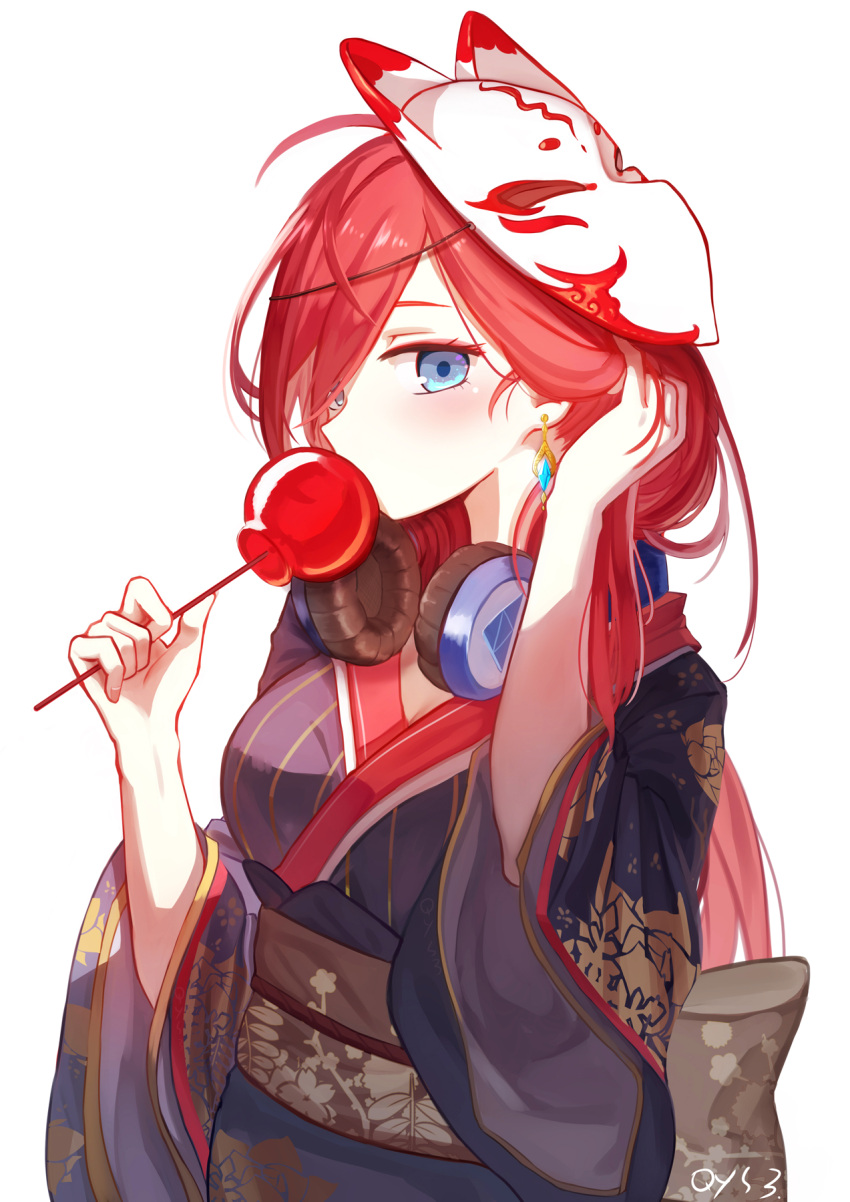 1girl bai_yemeng bangs black_kimono blue_eyes blush breasts candy_apple commentary_request covered_mouth earrings food fox_mask go-toubun_no_hanayome hair_over_one_eye hand_in_hair hands_up headphones headphones_around_neck highres holding holding_food japanese_clothes jewelry kimono long_hair long_sleeves mask medium_breasts nakano_miku obi redhead sash simple_background solo very_long_hair white_background wide_sleeves