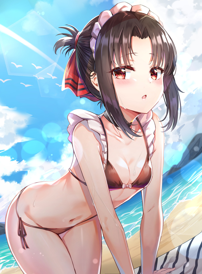 1girl absurdres all_fours bangs beach beach_towel bikini black_bikini black_choker black_hair blue_sky blush bow bow_bikini breasts choker cleavage clouds collarbone commentary_request day eyebrows_visible_through_hair folded_ponytail frills hair_ribbon highres kaguya-sama_wa_kokurasetai_~tensai-tachi_no_renai_zunousen~ korean_commentary lens_flare looking_at_viewer maid maid_bikini maid_headdress navel ocean open_mouth outdoors parted_bangs red_eyes red_ribbon revision ribbon shinomiya_kaguya side-tie_bikini sidelocks sky small_breasts solo sunhyun swimsuit towel water wet white_bow