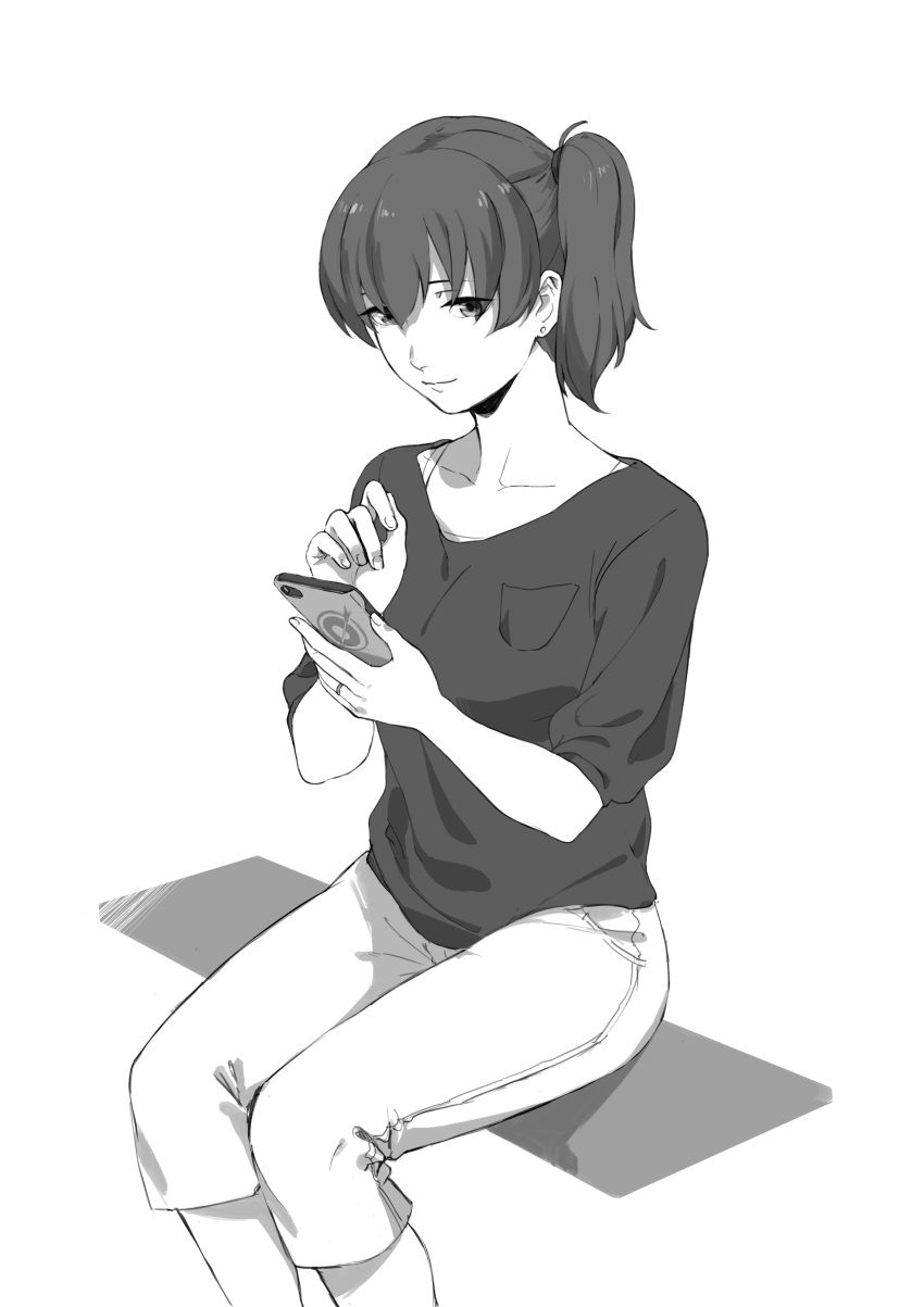 1girl absurdres breast_pocket capri_pants casual cellphone collarbone earrings greyscale highres jewelry kaga_(kantai_collection) kantai_collection monochrome pants phone pocket side_ponytail sitting smartphone smartphone_case smile solo stud_earrings suke_(singekijyosei)