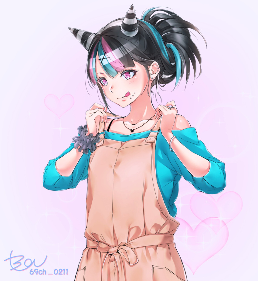 1girl alternate_costume apron black_hair blush breasts dangan_ronpa highres jewelry licking_lips long_hair mioda_69ch mioda_ibuki multicolored_hair music piercing pink_eyes pink_hair scrunchie small_breasts smile super_dangan_ronpa_2 thumb_ring tongue tongue_out very_long_hair white_hair wrist_scrunchie