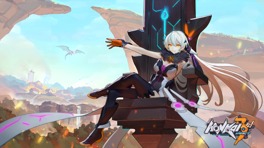 1girl arm_up armpits asymmetrical_gloves bare_shoulders beast black_footwear black_gloves black_legwear blue_sky boots breasts cleavage cliff day dragon elbow_gloves floating floating_object foot_up full_body fur_collar fur_trim gloves grin hair_between_eyes headgear highres honkai_(series) honkai_impact_3 kiana_kaslana kiana_kaslana_(herrscher_of_the_void) knee_boots legs_crossed long_hair looking_at_viewer medium_breasts official_art orange_gloves outdoors outstretched_arm parted_lips silver_hair single_elbow_glove sitting sky smile solo thigh-highs throne tim_loechner v-shaped_eyebrows very_long_hair village yellow_eyes