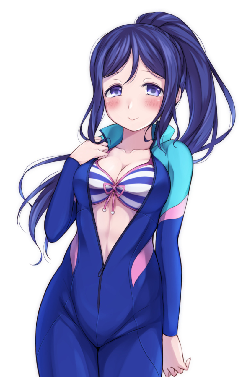 1girl :&gt; arm_at_side bangs bikini blue_bikini blue_bodysuit blue_hair blush bodysuit breasts cleavage closed_mouth collarbone commentary_request cowboy_shot floating_hair front-tie_bikini front-tie_top hand_up high_collar high_ponytail highres hitotsuki_no_yagi legs_together long_hair long_sleeves looking_at_viewer love_live! love_live!_sunshine!! matsuura_kanan medium_breasts parted_bangs partially_unzipped ponytail sidelocks simple_background smile solo standing striped striped_bikini swimsuit tareme violet_eyes wetsuit white_background white_bikini zipper zipper_pull_tab