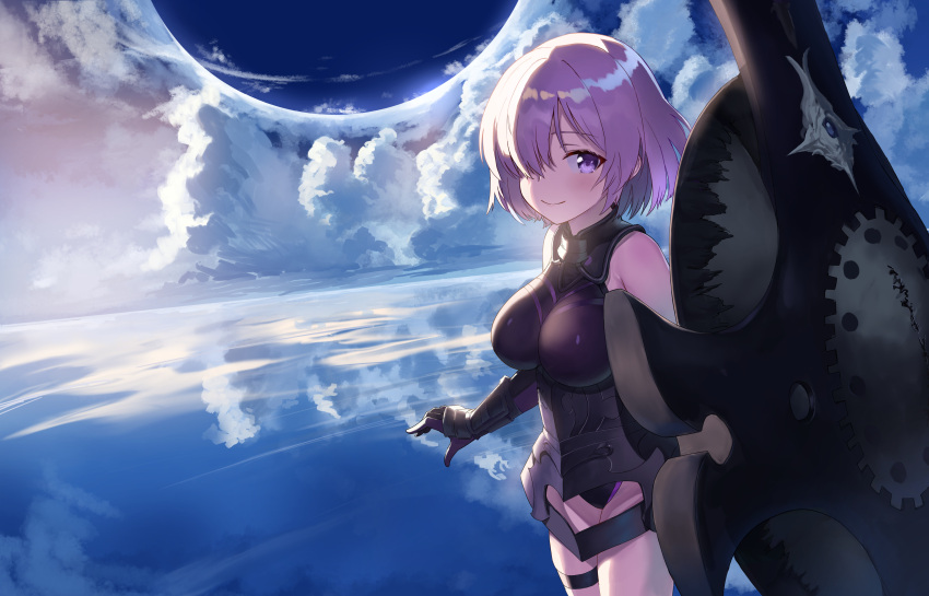 1girl absurdres armor backlighting bare_shoulders blue_sky blush breasts closed_mouth clouds cloudy_sky cowboy_shot day elbow_gloves fantasy fate/grand_order fate_(series) gauntlets gloves hair_over_one_eye highres holding_shield horizon jjeono large_breasts looking_at_viewer mash_kyrielight ocean outdoors purple_hair reflection shield short_hair sidelocks sky sleeveless smile solo standing thigh_strap thighs violet_eyes water