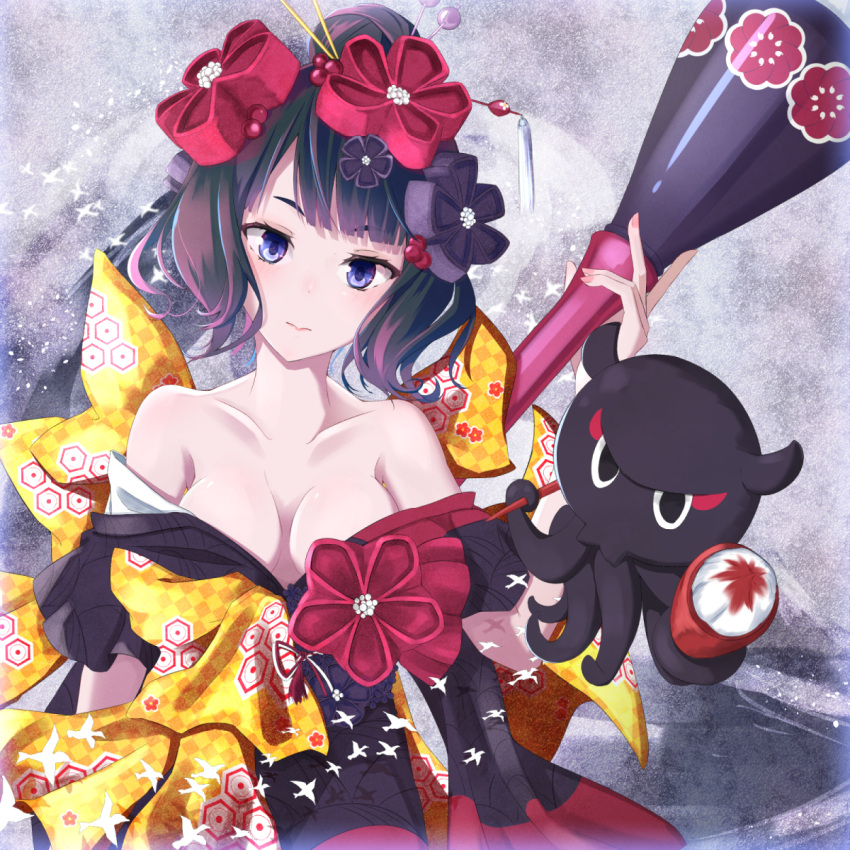 1girl bangs black_kimono blue_eyes blunt_bangs breasts brown_hair cleavage collarbone fate/grand_order fate_(series) hair_bun hair_ornament hairpin head_tilt highres holding japanese_clothes katsushika_hokusai_(fate/grand_order) kimono medium_breasts nail_polish off_shoulder oriuo_q pink_nails print_kimono short_hair solo tokitarou_(fate/grand_order) upper_body