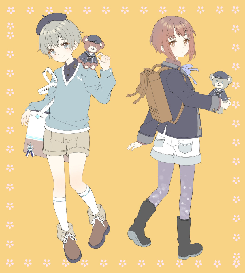 2girls :o anchor anchor_symbol backpack bag bangs beret blue_eyes blue_neckwear blush boots brown_eyes brown_hair closed_mouth collared_shirt eyebrows_visible_through_hair floral_print full_body hat highres holding holding_stuffed_animal jacket kantai_collection long_sleeves multiple_girls neck_ribbon orange_background pantyhose peaked_cap ribbon sailor_hat shiosoda shirt shoes short_hair shorts silver_hair smile socks stuffed_animal stuffed_toy teddy_bear z1_leberecht_maass_(kantai_collection) z3_max_schultz_(kantai_collection)