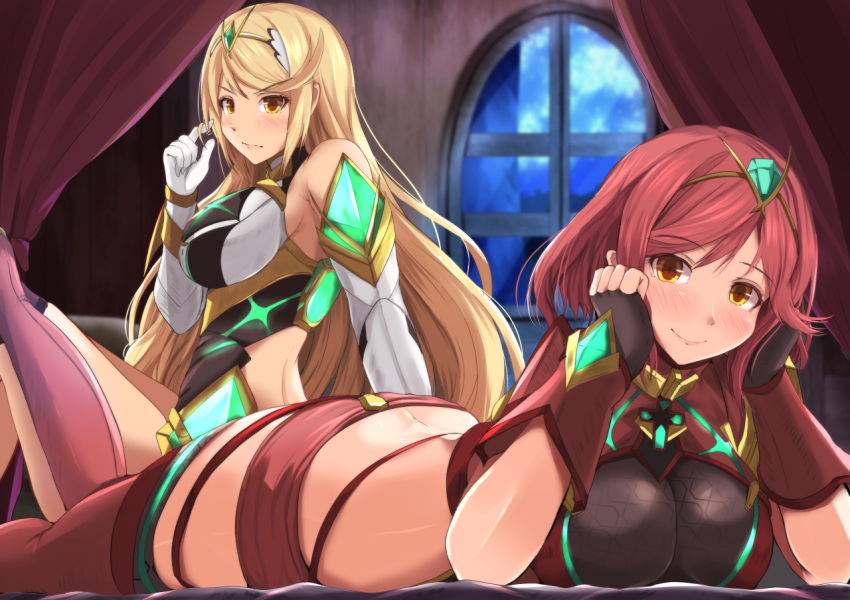 2girls armor bangs bed blonde_hair blush breasts cleavage cleavage_cutout covered_navel dress earrings fingerless_gloves gem gloves headpiece mythra_(xenoblade) pyra_(xenoblade) jewelry kanzaki_kureha large_breasts long_hair looking_at_viewer multiple_girls night nintendo red_eyes red_shorts redhead short_hair shorts shoulder_armor smile swept_bangs thigh_strap tiara window xenoblade_(series) xenoblade_2 yellow_eyes