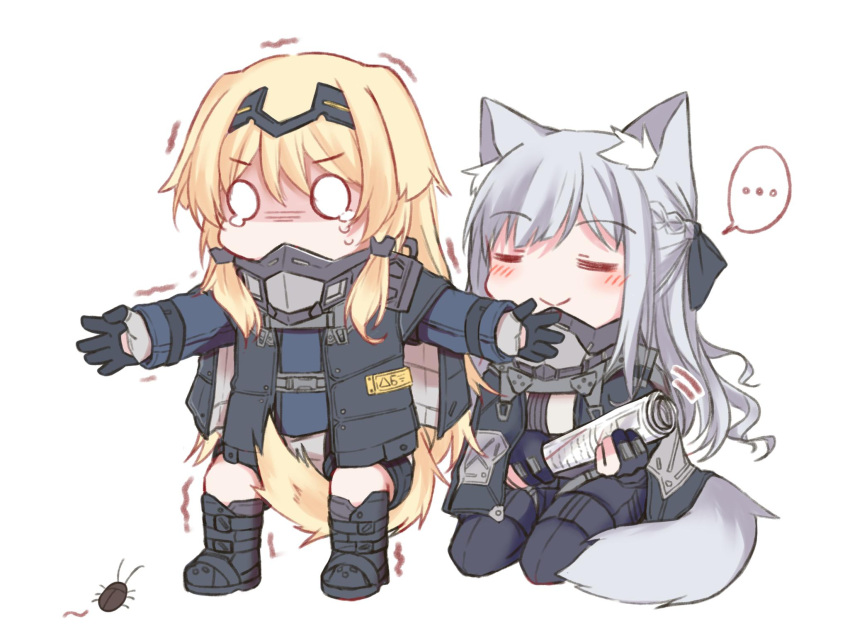 ... 2girls ak-12_(girls_frontline) an-94_(girls_frontline) animal_ear_fluff animal_ears between_legs blush boots bug cat_ears cat_tail closed_eyes cockroach commentary eyebrows_visible_through_hair girls_frontline gloves highres holding insect long_hair long_sleeves multiple_girls seiza silver_hair simple_background sitting spoken_ellipsis tail tail_between_legs white_background yuutama2804