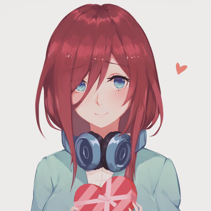 1girl blue_cardigan blue_eyes blush brown_hair chocolate chocolate_heart collared_shirt commentary_request dress_shirt eyebrows_visible_through_hair go-toubun_no_hanayome hair_between_eyes headphones headphones_around_neck heart long_hair looking_at_viewer nakano_miku r.r_(yohanee) shirt smile upper_body valentine white_shirt