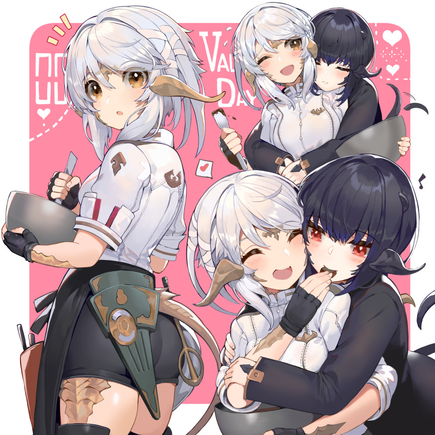 2girls ;d =_= absurdres afterimage akizone apron ass au_ra black_apron black_gloves black_hair black_shirt black_shorts blush bowl breasts brown_eyes chocolate dragon_horns dragon_tail eating final_fantasy final_fantasy_xiv fingerless_gloves gloves heart highres holding holding_bowl horns hug hug_from_behind long_sleeves looking_back medium_breasts multiple_girls multiple_views musical_note notice_lines one_eye_closed open_mouth red_eyes shirt short_shorts short_sleeves shorts sidelocks smile spoken_heart tail tail_wagging thigh-highs valentine white_hair white_shirt