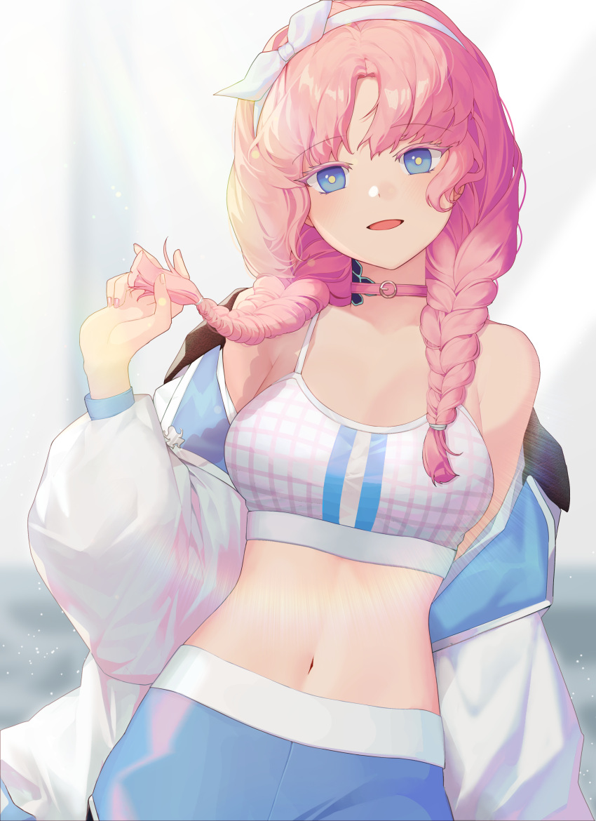 1girl :d absurdres arknights bangs blue_eyes blue_poison_(arknights) blue_poison_(shoal_beat)_(arknights) blue_shorts blush braid breasts bright_pupils choker collarbone cowgirl_position dokgo_die_docta_(d_o_t) eyebrows_visible_through_hair hairband highres jacket lens_flare long_hair long_sleeves looking_at_viewer navel off_shoulder official_alternate_costume open_clothes open_jacket open_mouth parted_bangs pink_choker pink_hair playing_with_own_hair shorts small_breasts smile solo sports_bra stomach straddling twin_braids white_hairband white_jacket