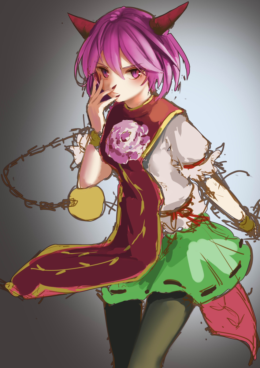 1girl absurdres ball_and_chain chains eyebrows_visible_through_hair fingernails floating_clothes flower green_skirt highres horns ibaraki_douji's_arm nail_polish pantyhose pink_flower pink_rose purple_hair purple_nails red_horns red_ribbon ribbon ribbon-trimmed_skirt ribbon_trim rose sancking_(fatekl) sharp_fingernails shirt short_hair simple_background sketch skirt slit_pupils solo spoilers tabard touhou violet_eyes white_shirt wild_and_horned_hermit wrist_guards