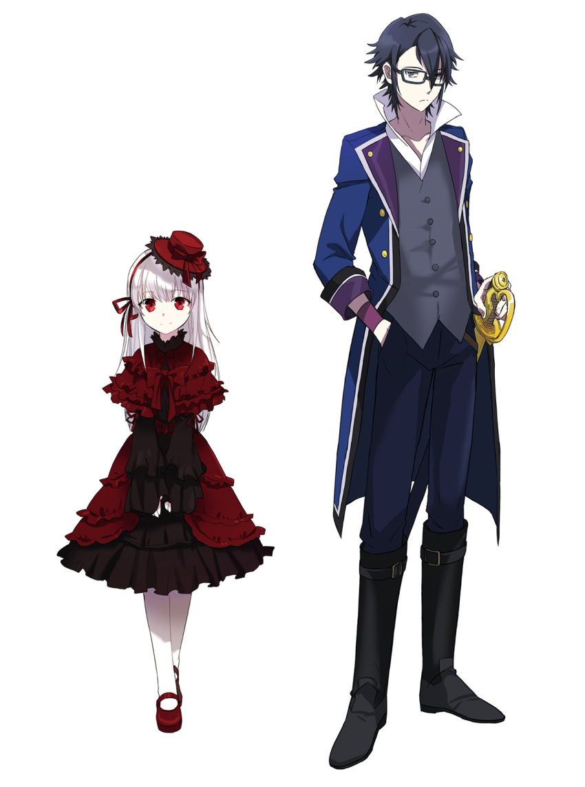 1boy 1girl black-framed_eyewear black_footwear black_hair blue_coat blue_pants boots coat dress eyebrows_visible_through_hair frilled_dress frills full_body fushimi_saruhiko glasses gothic_lolita hair_ribbon hairband hand_in_pocket hand_on_hilt hat highres k_(anime) knee_boots kushina_anna layered_dress lolita_fashion long_sleeves looking_at_viewer mary_janes open_clothes open_coat pants rectangular_eyewear red_eyes red_footwear red_hairband red_hat red_ribbon ribbon shirt shoes shokill simple_background smile standing white_background white_legwear white_shirt