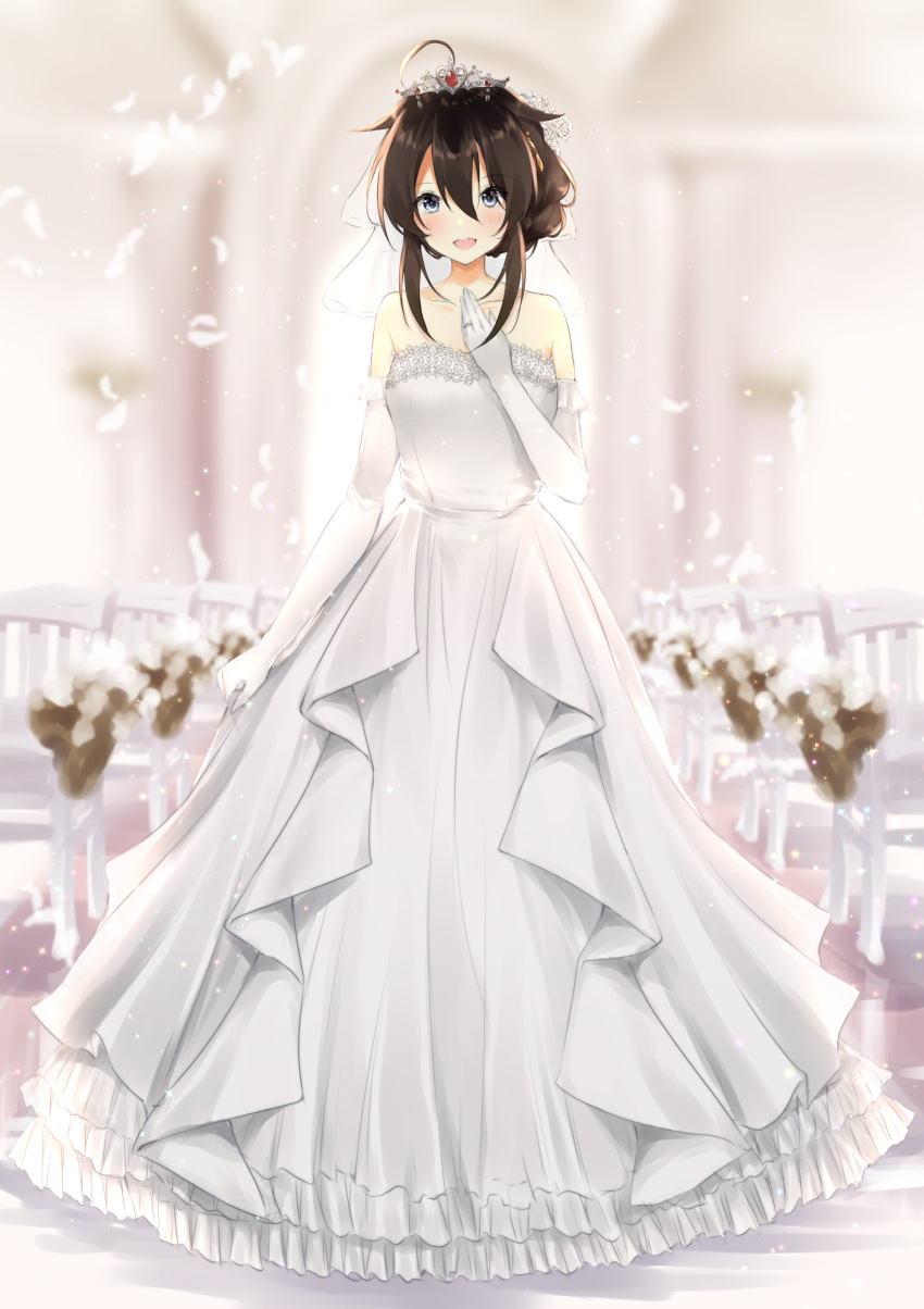 1girl absurdres ahoge bangs blue_eyes bride brown_hair church dress elbow_gloves feathers full_body gloves hair_between_eyes hair_flaps hair_up hand_up highres indoors jewelry kantai_collection light_particles long_hair ring shigure_(kantai_collection) sidelocks smile solo strapless strapless_dress tiara uzuki_tsukuyo wedding_band wedding_dress white_dress white_gloves