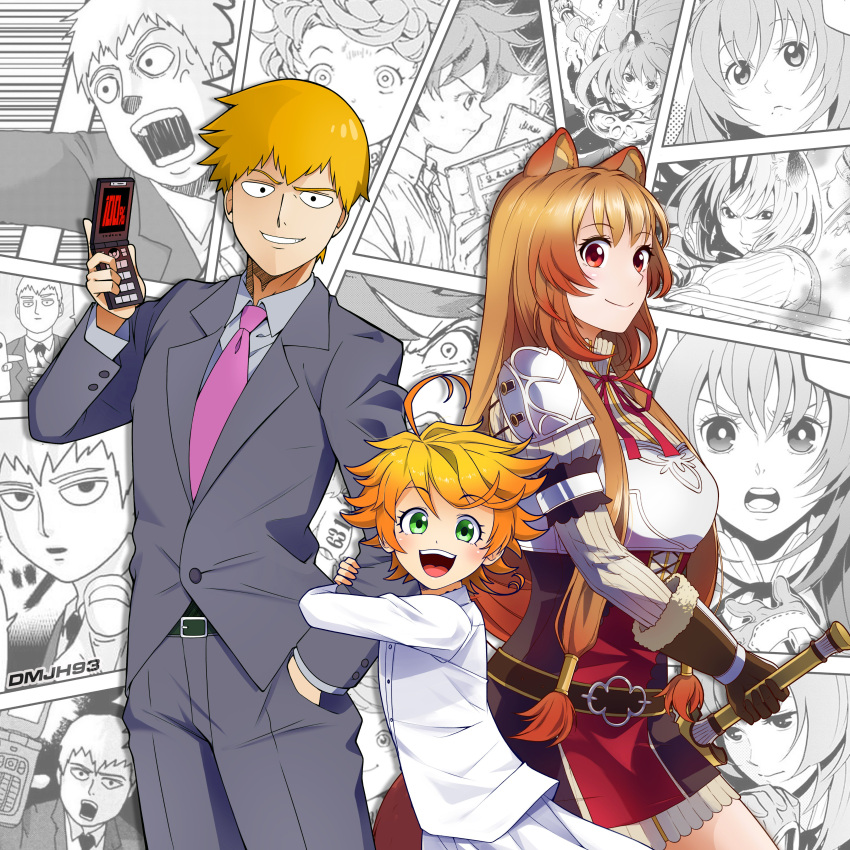 1boy 2girls absurdres ahoge animal_ears bangs blonde_hair breasts brown_hair cellphone dmjh93 emma_(yakusoku_no_neverland) formal highres holding holding_cellphone holding_phone jacket long_hair long_sleeves looking_at_viewer manga_(object) mob_psycho_100 multiple_girls necktie orange_hair phone raccoon_ears raccoon_girl raphtalia red_eyes reigen_arataka shirt short_hair smile suit tate_no_yuusha_no_nariagari uniform very_long_hair white_shirt yakusoku_no_neverland