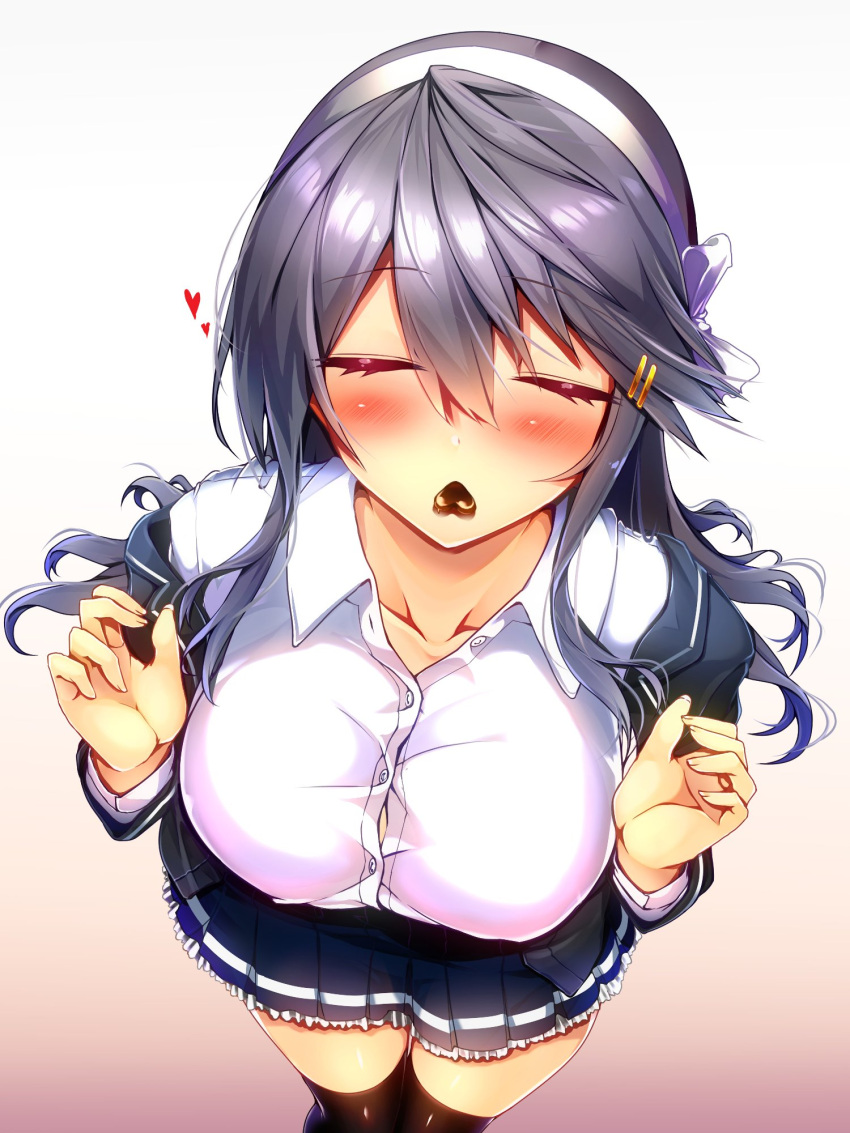 1girl bangs black_hair black_legwear blazer blue_skirt blush breasts chocolate cleavage closed_eyes collarbone collared_shirt facing_viewer gradient gradient_background grey_jacket hair_ornament hairband hands_up haruna_(kantai_collection) heart highres jacket kantai_collection large_breasts long_hair mouth_hold off_shoulder open_blazer open_clothes open_jacket petticoat pleated_skirt shirt sidelocks simple_background skirt solo swept_bangs taut_clothes taut_shirt thighs tsukui_kachou valentine white_hairband white_shirt