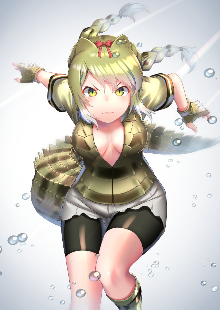 absurdres boots braided_ponytail breasts cleavage crocodile_print crocodile_tail glasses gloves hairband highres kemono_friends no_eyewear scales short_hair shorts shorts_under_shorts slit_pupils spectacled_caiman_(kemono_friends) spiked_gloves st.takuma tail twintails underwater v-shaped_eyebrows