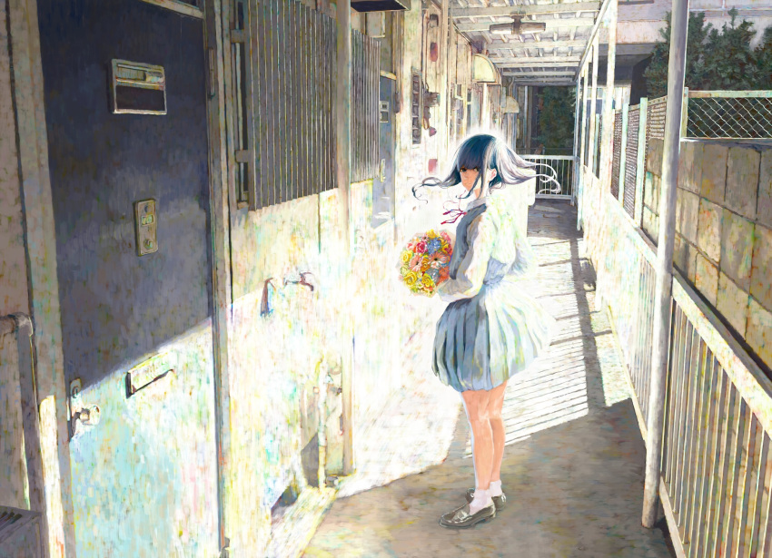 1girl bangs black_footwear black_hair blue_flower bouquet collared_shirt door floating_hair flower highres hironoshousei holding holding_bouquet loafers long_hair long_sleeves original pink_flower plant red_flower school_uniform shirt shoes socks solo standing sunlight tree white_legwear white_shirt wide_shot yellow_flower