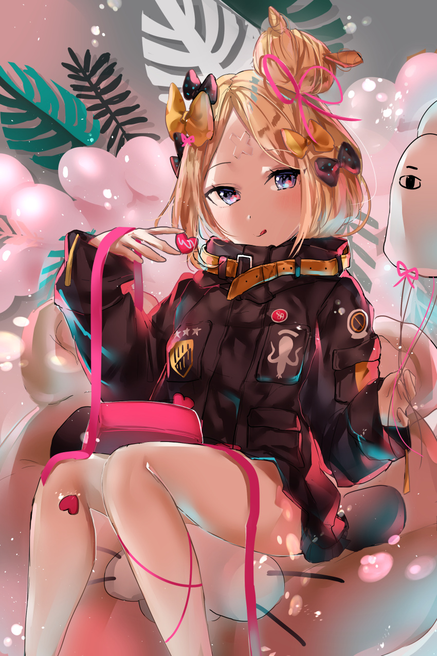 1girl abigail_williams_(fate/grand_order) absurdres balloon bandaid_on_forehead bangs belt black_bow black_jacket blonde_hair blue_eyes blush bow box crossed_bandaids danyagoe fate/grand_order fate_(series) forehead gift gift_box hair_bow hair_bun heroic_spirit_traveling_outfit high_collar highres jacket licking_lips long_hair long_sleeves looking_at_viewer orange_bow parted_bangs pink_ribbon plant polka_dot polka_dot_bow ribbon sitting smile solo thighs tongue tongue_out