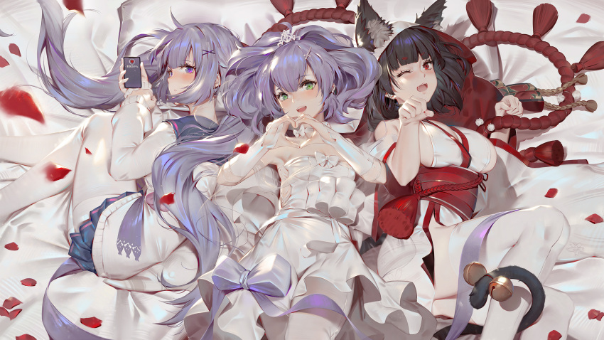 3girls :d ahoge alternate_costume animal_ears azur_lane bangs bell black_hair blush breasts cat_ears crown dress eyebrows_visible_through_hair fang green_eyes hair_between_eyes hair_bun hair_ornament hair_ribbon heart heart_hands highres holding japanese_clothes javelin_(azur_lane) jingle_bell large_breasts long_hair looking_at_viewer lying mini_crown multiple_girls official_art on_back open_mouth ponytail purple_hair red_eyes ribbon short_hair sideboob smile thigh-highs toriumi_harumi unicorn_(azur_lane) valentine violet_eyes white_dress white_legwear yamashiro_(azur_lane)