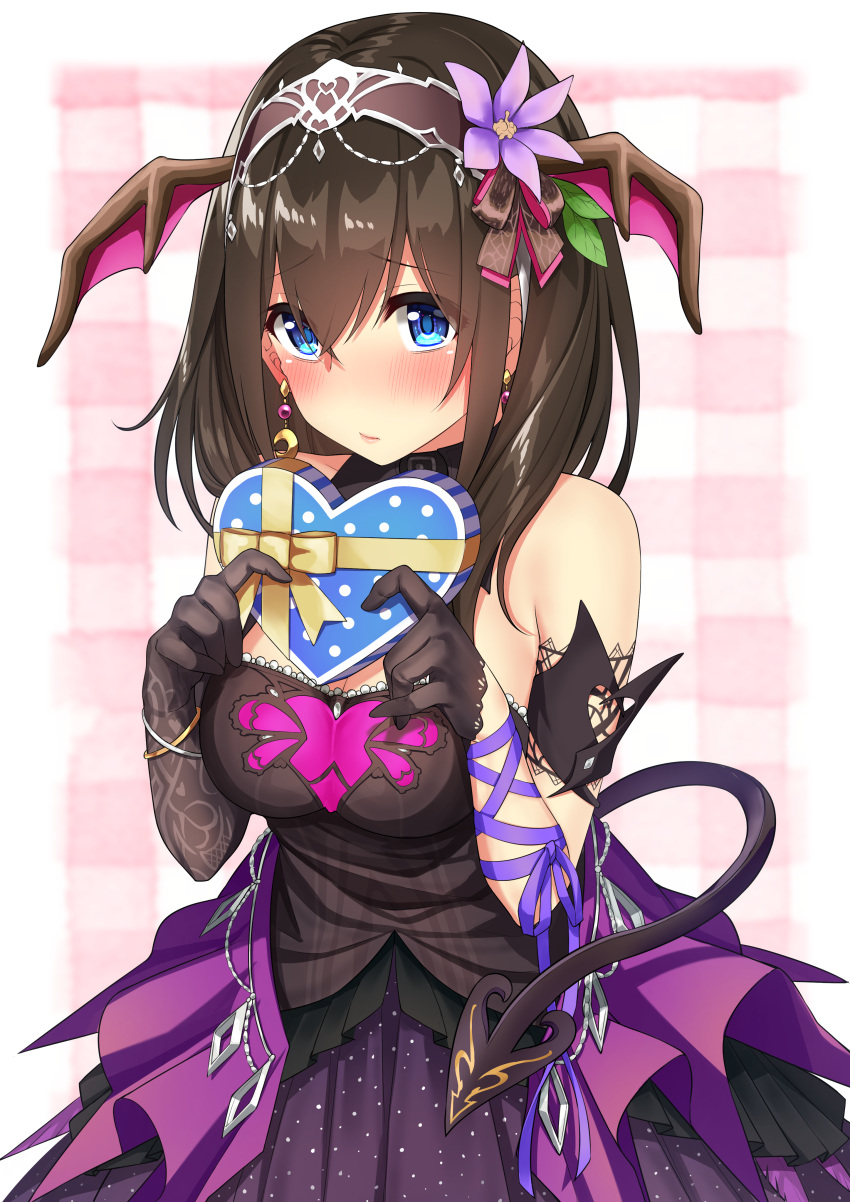 1girl absurdres asymmetrical_gloves bangs bare_shoulders bat_wings black_dress black_gloves black_hair blue_eyes blush border box breasts closed_mouth demon_tail dress earrings flower gift gift_box gloves go-1 hair_between_eyes hair_flower hair_ornament hairband head_wings highres idolmaster idolmaster_cinderella_girls jewelry large_breasts long_hair looking_at_viewer plaid plaid_background purple_ribbon ribbon sagisawa_fumika solo tail valentine white_border wings