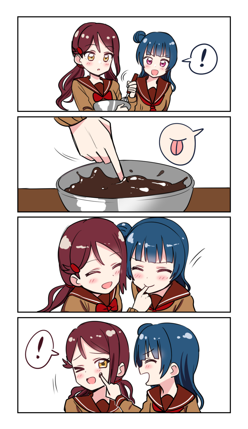 ! &gt;_o 2girls 4koma :d :o :p ;d ^_^ absurdres alternate_hairstyle blue_hair blush bow bowl bowtie brown_shirt chocolate closed_eyes closed_eyes comic deadnooodles finger_sucking finger_to_another's_cheek food food_on_face hair_ornament hairclip highres holding holding_bowl long_hair looking_at_another love_live! love_live!_sunshine!! multiple_girls neckerchief one_eye_closed open_mouth red_neckwear redhead sakurauchi_riko school_uniform serafuku shirt side_bun silent_comic smile spoken_exclamation_mark spoken_expression stirring tongue tongue_out tsushima_yoshiko twintails v-shaped_eyebrows valentine violet_eyes whisk yellow_eyes yuri