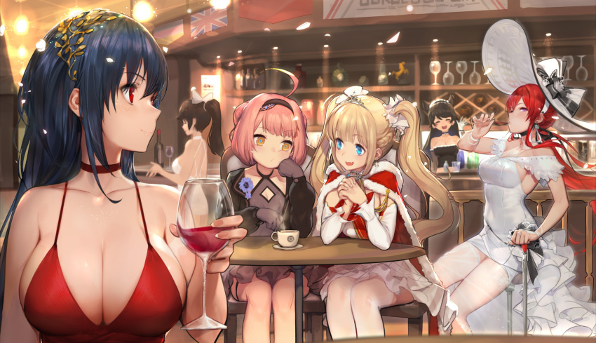 6+girls absurdres ahoge alcohol amazon_(azur_lane) animal_ears atago_(azur_lane) azur_lane bangs bare_legs bare_shoulders black_dress black_gloves black_hair blonde_hair blue_eyes blush bonet bow breasts bridal_gauntlets choker cleavage closed_eyes closed_mouth cocktail_dress cup detexted dress drinking drinking_glass earrings eyebrows_visible_through_hair fang gloves gorgeous_mushroom hair_between_eyes hair_flaps hair_ornament hair_ribbon halter_top halterneck hat hat_bow headband highres jewelry large_breasts long_hair looking_at_viewer low_ponytail maid_headdress monarch_(azur_lane) multiple_girls official_art open_mouth pink_hair ponytail red_choker red_dress red_eyes redhead ribbon sidelocks sitting smile star star_earrings sun_hat taihou_(azur_lane) taihou_(forbidden_feast)_(azur_lane) takao_(azur_lane) thigh-highs thighlet third-party_edit twintails u-81_(azur_lane) white_bow white_dress white_legwear wine wine_glass yellow_eyes