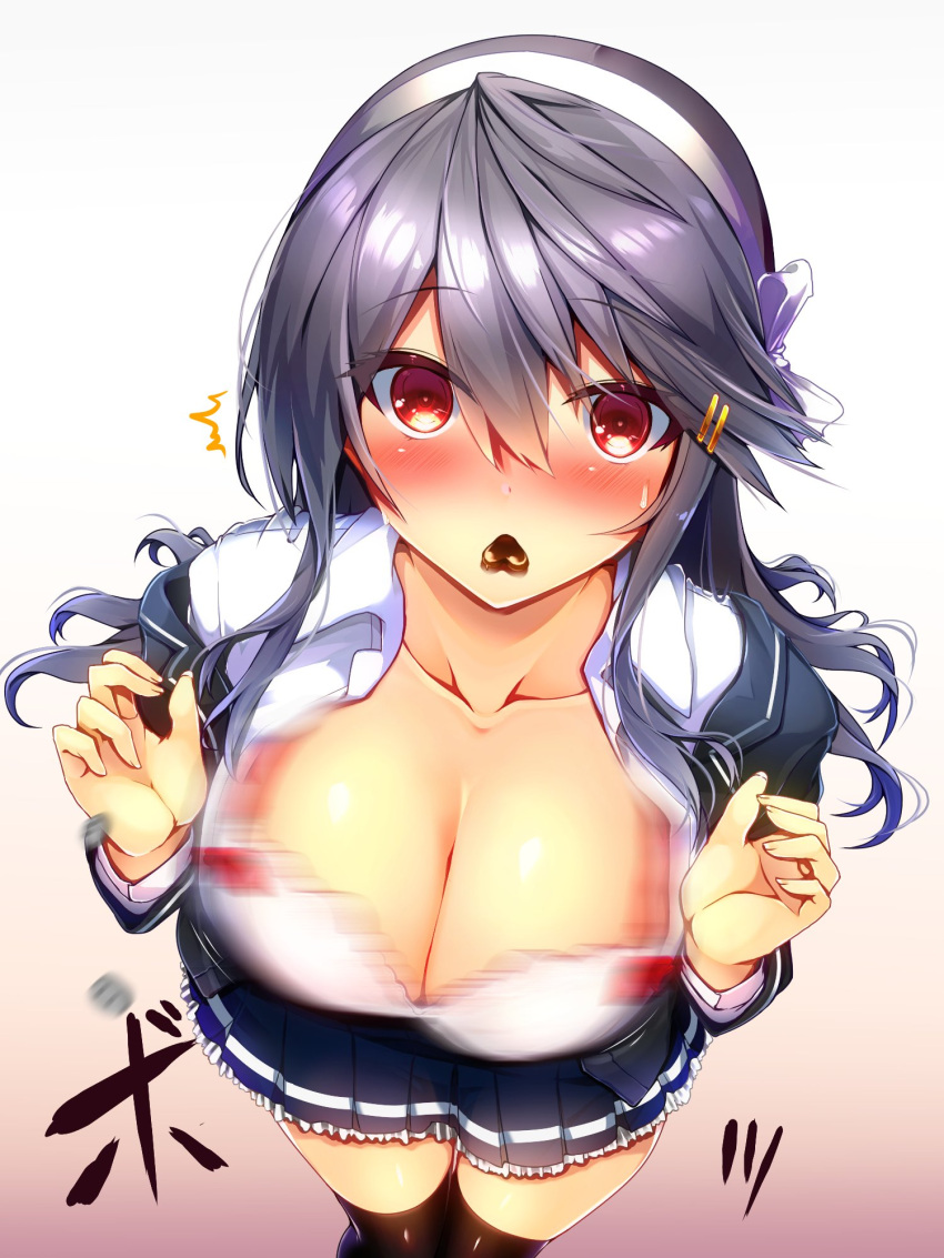 1girl bangs black_hair black_legwear blazer blue_skirt blush breasts brown_eyes chocolate cleavage closed_eyes collarbone collared_shirt embarrassed facing_viewer gradient gradient_background grey_jacket hair_ornament hairband hands_up haruna_(kantai_collection) heart highres jacket kantai_collection large_breasts long_hair motion_blur mouth_hold off_shoulder open_blazer open_clothes open_jacket opening_eyes petticoat pleated_skirt shirt sidelocks simple_background skirt solo surprised sweatdrop swept_bangs taut_clothes taut_shirt thighs tsukui_kachou valentine wardrobe_malfunction white_hairband white_shirt