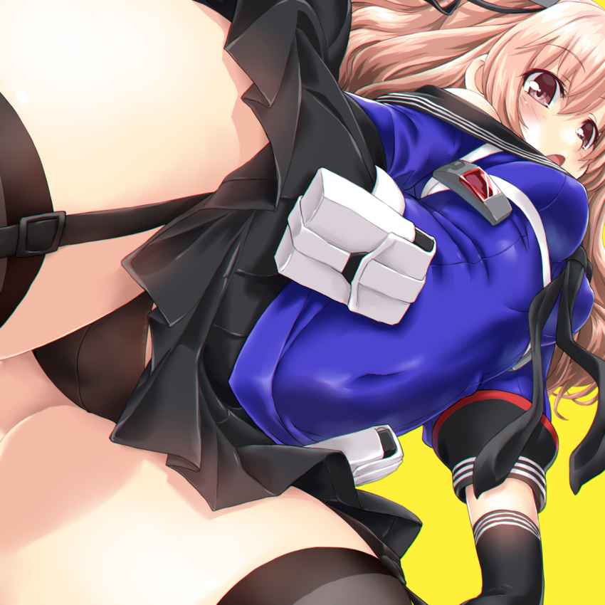 1girl bangs black_gloves black_legwear black_neckwear black_panties black_skirt blue_shirt blush breasts brown_eyes commentary covered_navel cowboy_shot dd_(ijigendd) eyebrows_visible_through_hair from_below garter_straps gloves hair_between_eyes hair_ornament highres johnston_(kantai_collection) kantai_collection light_brown_hair long_hair looking_at_viewer medium_breasts panties pleated_skirt sailor_collar school_uniform serafuku shirt simple_background skirt solo standing thigh-highs thighs two_side_up underwear