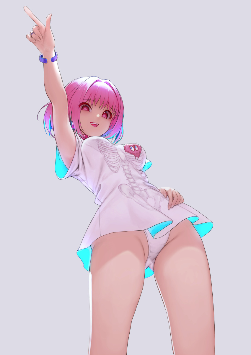 1girl absurdres arm_up blue_hair breasts egk513 eyebrows_visible_through_hair grey_background hand_on_hip highres idolmaster idolmaster_cinderella_girls index_finger_raised looking_at_viewer medium_breasts multicolored_hair open_mouth panties pink_eyes pink_hair shirt short_hair simple_background solo standing t-shirt two-tone_hair underwear white_panties yumemi_riamu