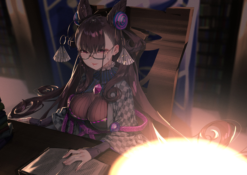 1girl absurdres bangs black_dress blush breasts brown_hair double_bun dress fate/grand_order fate_(series) glasses hair_between_eyes hair_ornament highres large_breasts long_hair long_sleeves looking_at_viewer murasaki_shikibu_(fate) puffy_sleeves rolua sitting smile solo very_long_hair violet_eyes