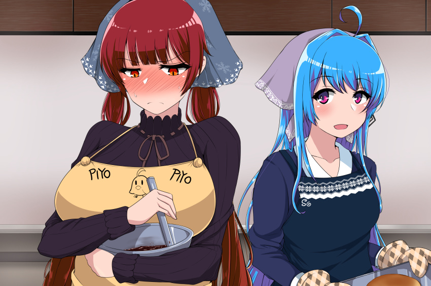 2girls :d ahoge apron azur_lane bangs black_sweater blue_hair blunt_bangs blush breasts closed_mouth embarrassed eyebrows_visible_through_hair frown full-face_blush helena_(azur_lane) highres honolulu_(azur_lane) large_breasts long_hair medium_breasts multiple_girls open_mouth red_eyes redhead smile sweat sweater takanotsume twintails violet_eyes