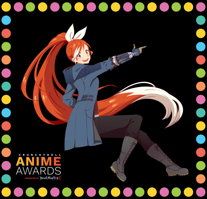 1girl absurdres alternate_costume belt_buckle black_background black_footwear black_pants blue_coat blush boots bow buckle coat devil_may_cry_5 english_text eyebrows_visible_through_hair fang hair_bow highres hime_(crunchyroll) long_hair mechanical_arm multicolored_hair official_art open_mouth orange_eyes orange_hair pants pocket pointing simple_background smile solo white_bow white_hair