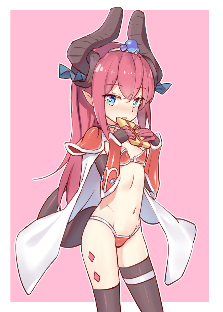 1girl armor bikini bikini_armor black_legwear blue_eyes blush breasts cape choker dragon_girl dragon_horns dragon_tail elizabeth_bathory_(brave)_(fate) elizabeth_bathory_(fate)_(all) eyebrows eyebrows_visible_through_hair fate/grand_order fate_(series) flat_chest gift gloves hair_ribbon heart heart-shaped_pupils highres holding holding_gift horn_ornament horns long_hair looking_at_viewer lulumiya_(abbb1233) navel oversized_clothes pauldrons pink_background pink_hair pointy_ears red_armor red_bikini ribbon solo swimsuit symbol-shaped_pupils tail tears thigh-highs thigh_strap white_cape