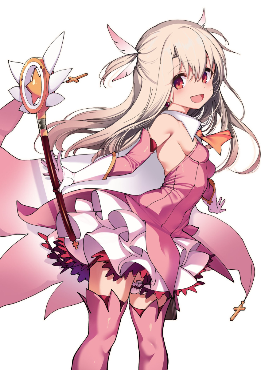 1girl 1other bare_shoulders boots breasts commentary_request dress elbow_gloves fate/kaleid_liner_prisma_illya fate_(series) feathers feet_out_of_frame gloves hair_feathers hair_ornament highres holding holding_wand illyasviel_von_einzbern kaleidostick magical_girl magical_ruby open_mouth pink_dress pink_feathers pink_gloves pink_legwear prisma_illya santa_(sunflower) simple_background small_breasts smile standing thigh-highs thigh_boots twisted_torso two_side_up wand white_background white_gloves