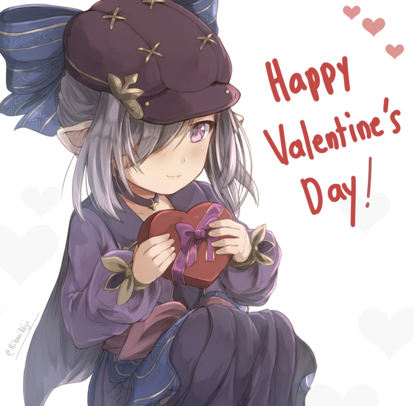 1girl bangs blue_bow blush bow box brown_hat closed_mouth commentary dress english_commentary fingernails gift gift_box granblue_fantasy grey_hair hair_over_one_eye hands_up happy_valentine harvin hat hat_bow heart heart-shaped_box highres hikari_niji holding holding_gift long_hair long_sleeves looking_at_viewer nio_(granblue_fantasy) pink_eyes pointy_ears puffy_long_sleeves puffy_sleeves purple_dress simple_background sitting smile solo twitter_username white_background
