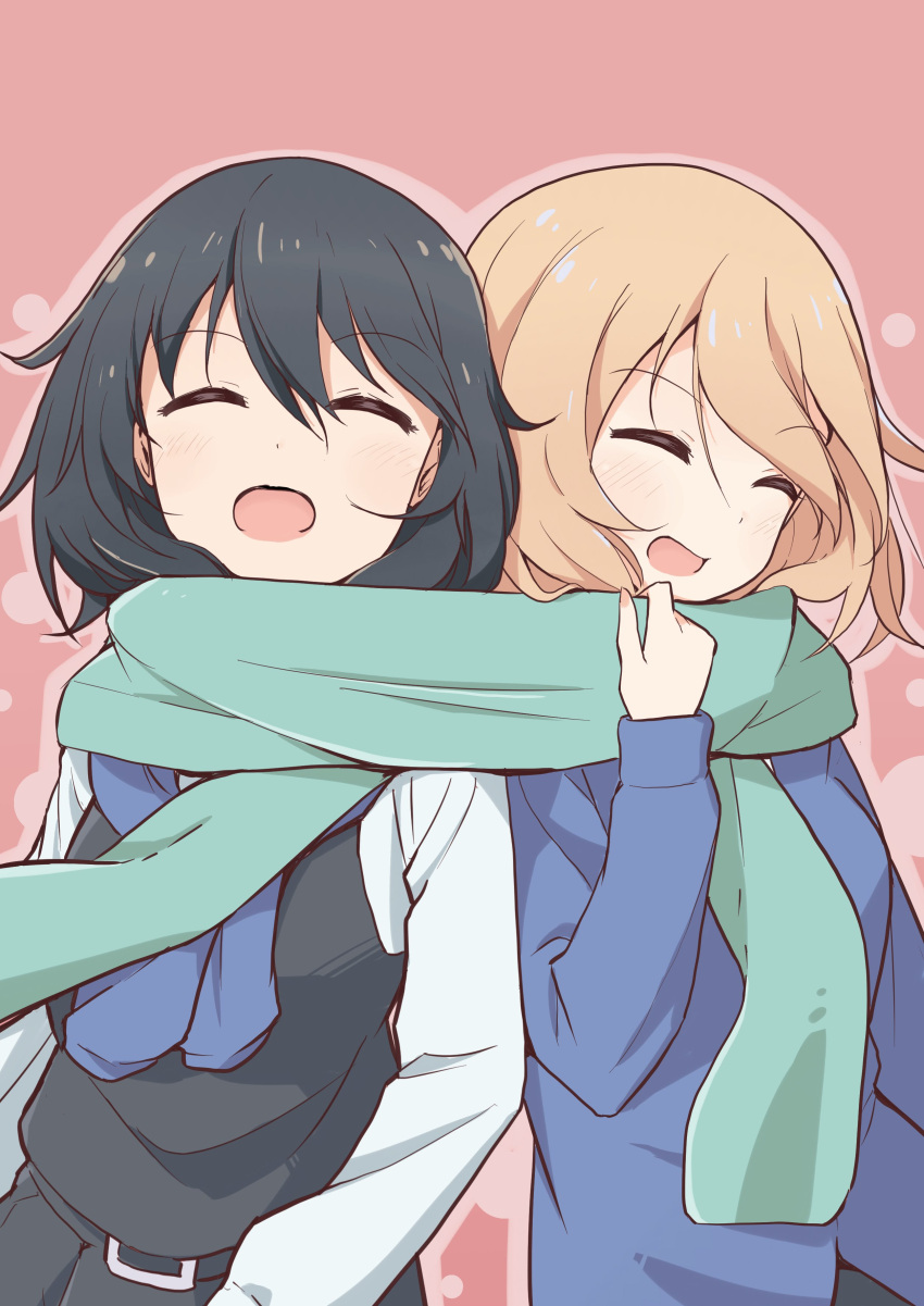 2girls absurdres andou_(girls_und_panzer) bangs bc_freedom_school_uniform black_hair black_skirt black_vest blonde_hair blue_sweater blush cardigan cbgb closed_eyes commentary_request dark_skin dress_shirt eyebrows_visible_through_hair facing_viewer girls_und_panzer green_scarf highres long_sleeves medium_hair messy_hair multiple_girls open_mouth oshida_(girls_und_panzer) pink_background pleated_skirt scarf school_uniform shared_scarf shirt side-by-side skirt smile standing sweater sweater_around_neck vest white_shirt