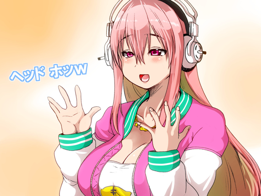 1girl blush breasts cleavage headphones isuna jacket large_breasts letterman_jacket long_hair nitroplus open_mouth pink_eyes pink_hair pink_jacket shirt smile solo super_sonico t-shirt virtual_youtuber white_jacket